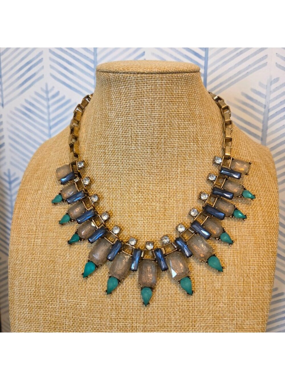 Baublebar Gold Tone Book Chain Blue Beaded Rhinestone 20" Statement Necklace